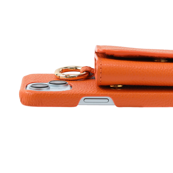 iPhone15 / Plus / Pro / ProMax 本牛革 カバー 財布付き ケース オレンジ ストラップ付 10枚目の画像