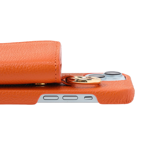 iPhone15 / Plus / Pro / ProMax 本牛革 カバー 財布付き ケース オレンジ ストラップ付 11枚目の画像