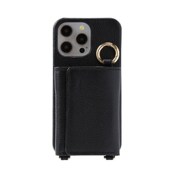 iPhone15 / Plus / Pro / ProMax 本牛革 カバー 財布付き ケース ブラック ストラップ付 4枚目の画像