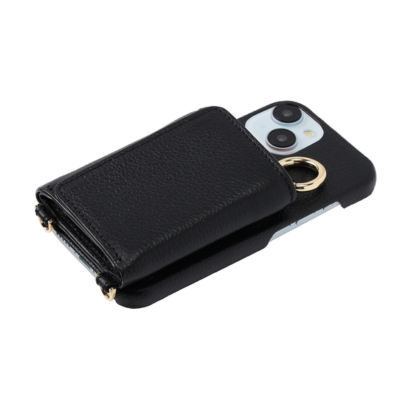 iPhone15 / Plus / Pro / ProMax 本牛革 カバー 財布付き ケース ブラック ストラップ付 9枚目の画像