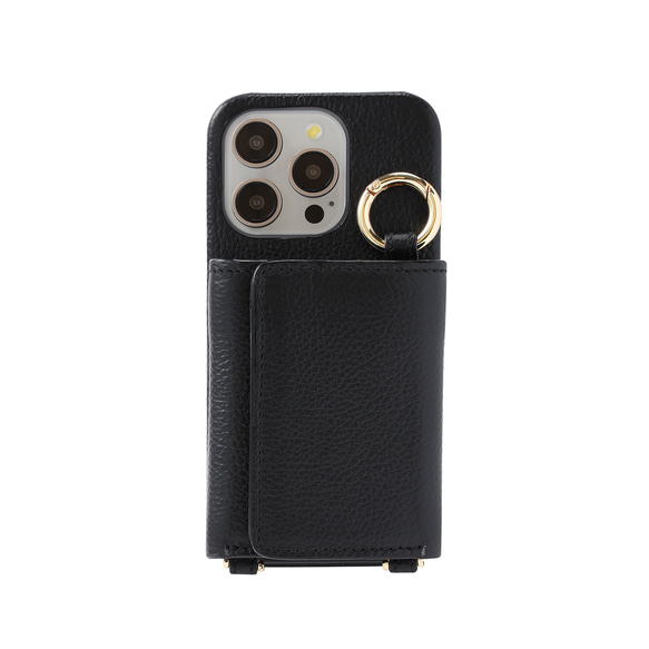 iPhone15 / Plus / Pro / ProMax 本牛革 カバー 財布付き ケース ブラック ストラップ付 3枚目の画像