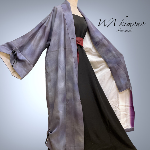 ラメパープル 優雅な風格 着物ガウン レトロ 着物リメイク 和装コート 和柄 ロング 和モード 男女兼用 N51209 2枚目の画像