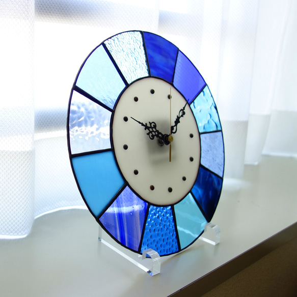 28㎝φ・ステンドグラスの時計（掛時計・置時計）パラソル＊ブルー系【新作2024】 14枚目の画像