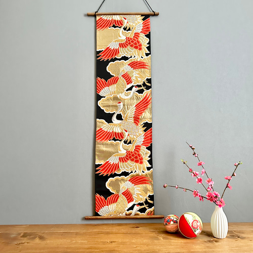 壁掛け タペストリー 着物 和柄 帯のタペストリー 柿色に遊ぶ子ども 着物リメイク インテリア 掛け軸