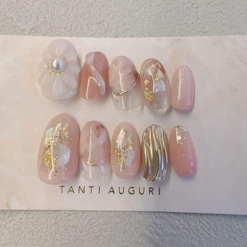 ピンク 大理石 フレンチ マーブル柄 ネイルチップ ガーリー 花 ネイル