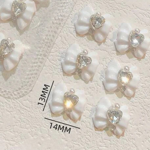 No.92】Y2K♡ブラック ダイヤ リボン ネイルチップ シルバー ハート