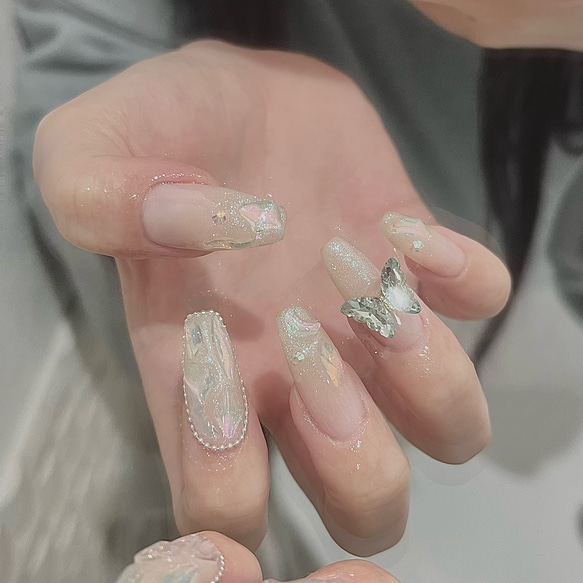 No.93】オーロラ♡蝶々 埋めつくし ミント グリーン ネイルチップ 上品