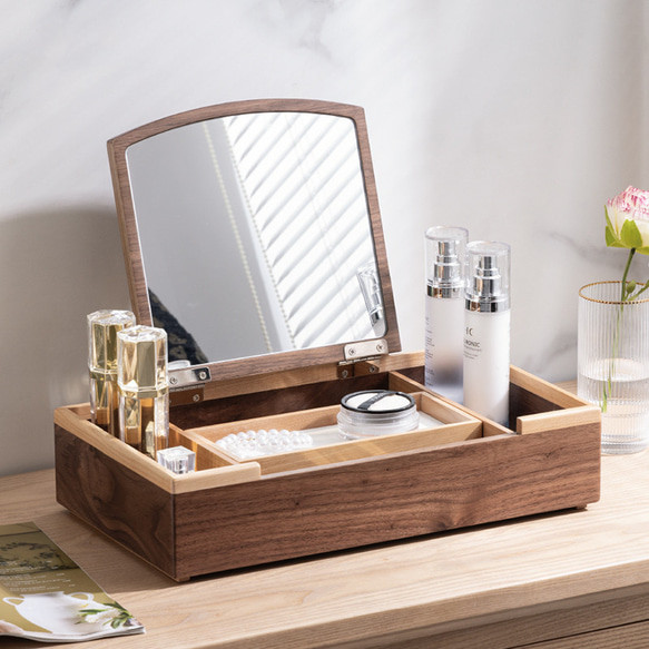 鏡付きの化粧品ボックス ドレッサー 鏡台 木製雑貨 小物収納 家具 インテリア 無垢材 一人暮らし 1枚目の画像