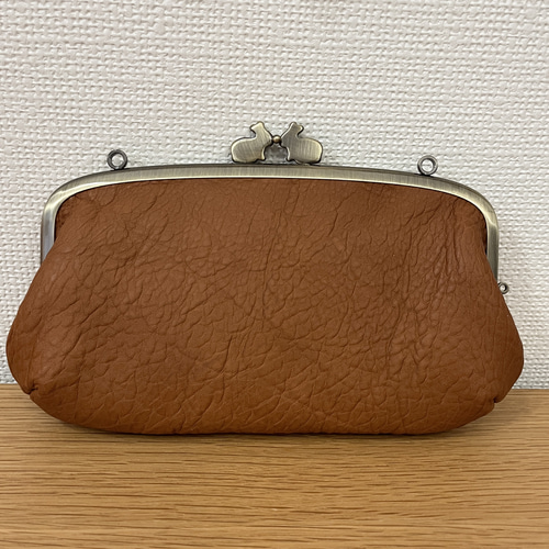 うさぎ口金の、外ポッケがついた本革ぺたんこ親子がまぐち長財布 長