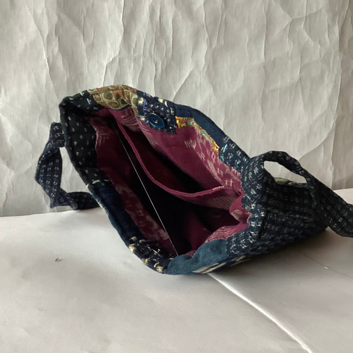 ゆっこ　予約済み　ハンドメイド　古布絣　斜め掛け変わりバック　一点物 古布手提げバッグ】古布 型染め 久留米絣 日本製 作家一点物