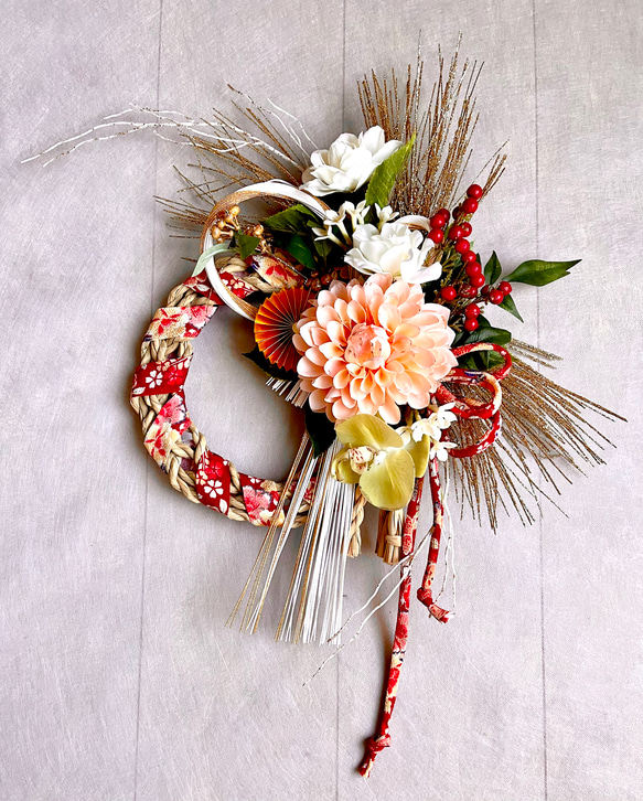 No.wreath-15528/迎春しめ縄リース(正月) 23-(3) 54x45cm/アーティフィシャルフラワー造花 2枚目の画像