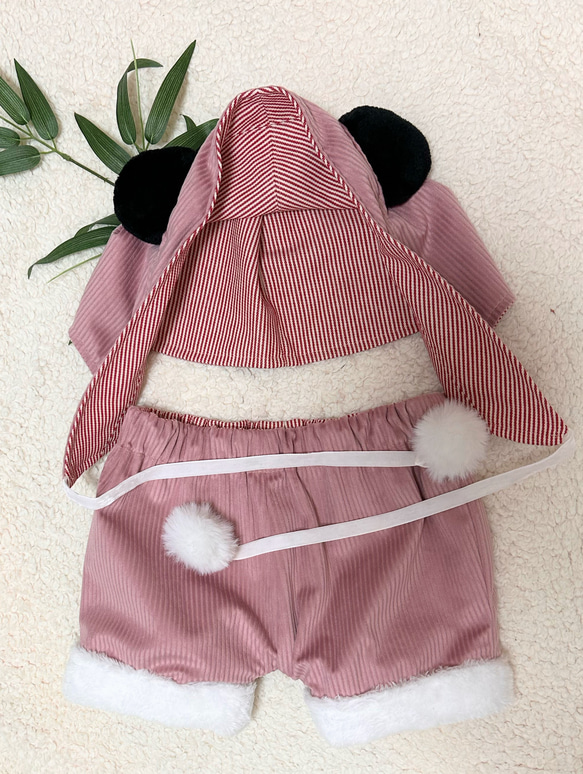 ＜受注生産＞リバーシブル♡パンダぬいぐるみ用お洋服♡お耳付きフード＋おパンツ（ヒッコリーデニム細赤＆コーデュロイ) 5枚目の画像