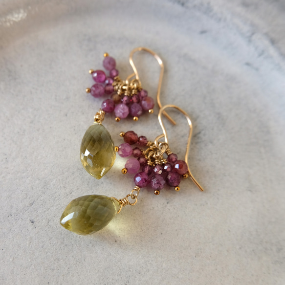 14kgf・天然石】宝石質レモンクォーツとルビーのピアス  