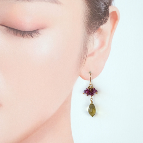 14kgf・天然石】宝石質レモンクォーツとルビーのピアス  