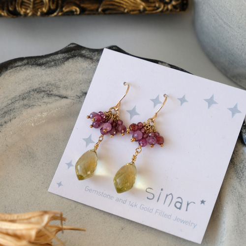 14kgf・天然石】宝石質レモンクォーツとルビーのピアス  