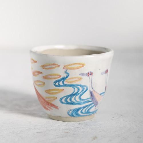 手描き陶器 &湯呑み鶴の絵柄 手描き陶器 &湯呑み鶴の絵柄