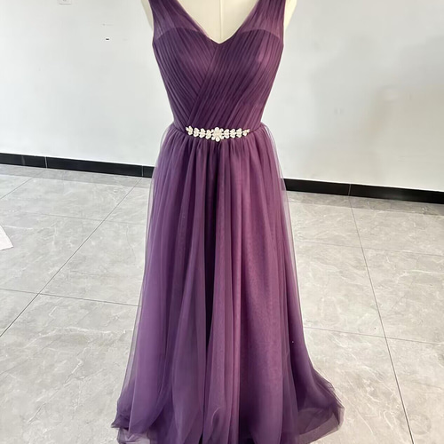 大人っぽい パープル パーティードレス Vネック 拳式 くるみボタン  