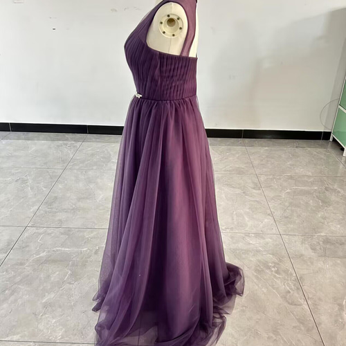 大人っぽい パープル パーティードレス Vネック 拳式 くるみボタン  