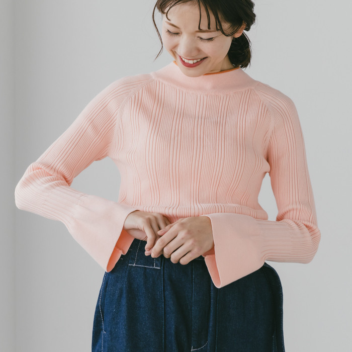 ペールピンク フレアスリーブ・コットンリブknit＿【大人ピンク】