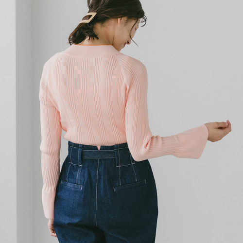 ペールピンク フレアスリーブ・コットンリブknit＿【大人ピンク