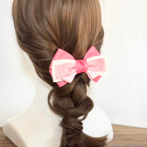 一点物】ピンク×白 ベロア リボン ヘアアクセサリー リボンヘア 
