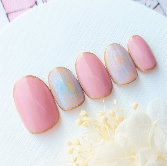 ネイルチップ/カラフルくすみニュアンス/ゴールド縁取り/ピンク/結婚式  