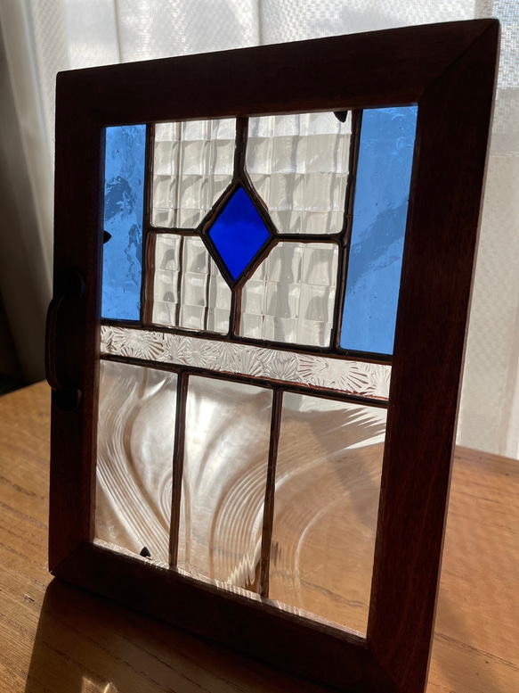 ステンドグラス　ドアオブジェ　青ダイヤ 3枚目の画像