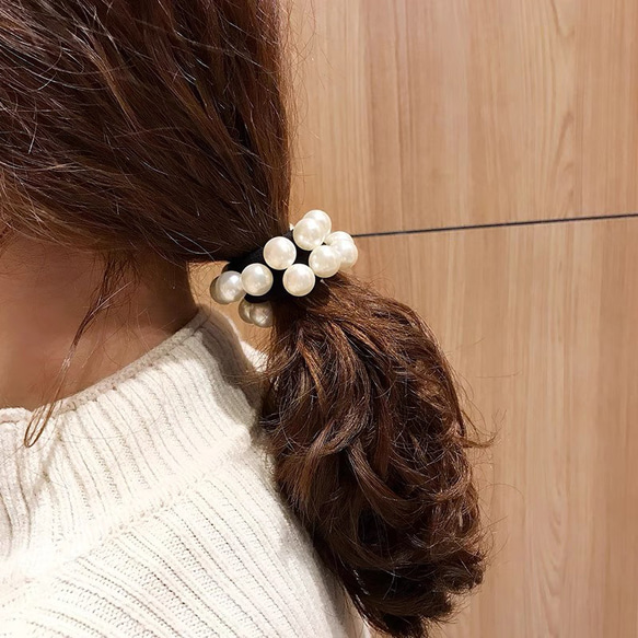パールヘアゴム キラキラ ヘアアレンジ 韓国 サテンフリル 髪留め 髪飾り 5枚目の画像