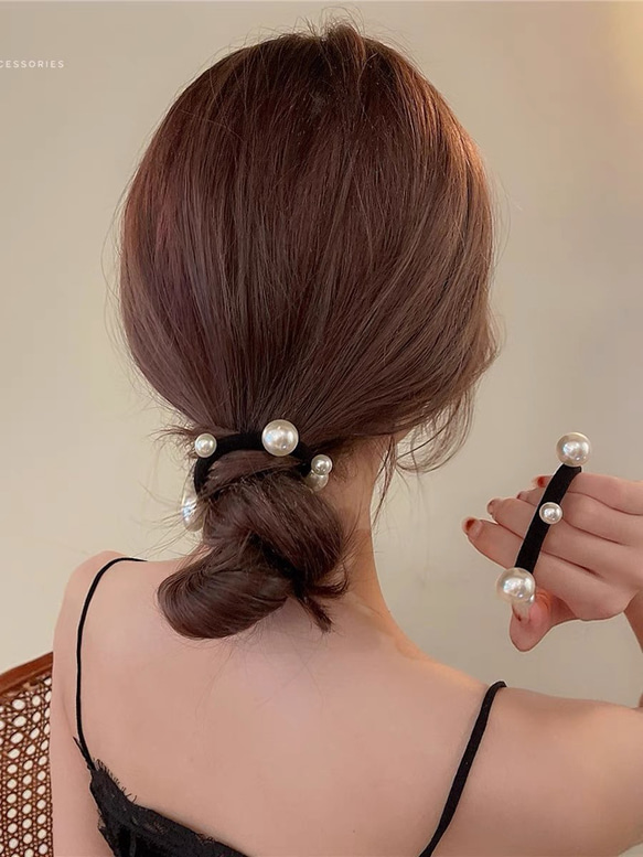 パールヘアゴム キラキラ ヘアアレンジ 韓国 サテンフリル 髪留め 髪飾り 4枚目の画像
