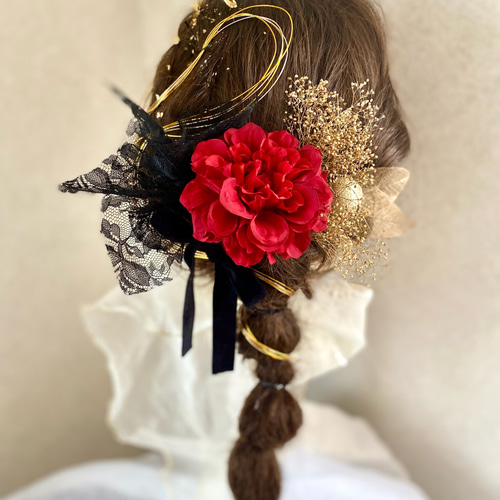 ♦️黒金ダブルリボン 赤ダリア♦️花魁 赤タッセル ゴールド