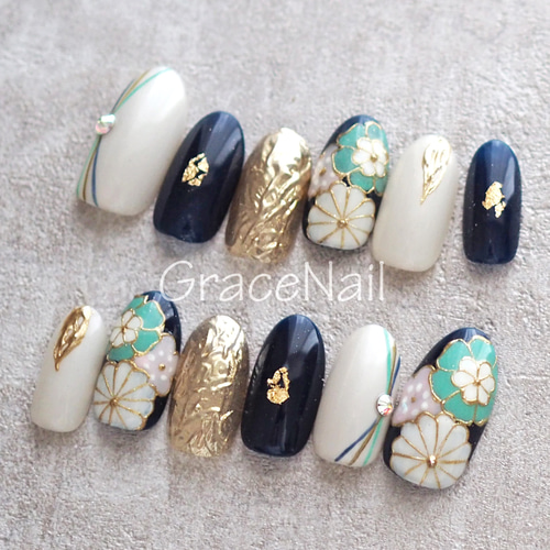 現品販売！ネイルチップ No.1113 成人式卒業式和柄振袖袴着物 ネイル  