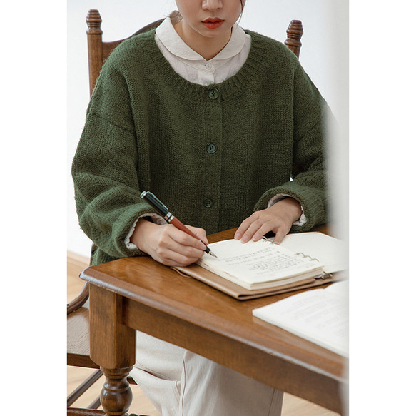 モヘア混紡セーター　ウール混紡セーター　ニットカーディガン　グリーン　S-Mサイズ　S198　 14枚目の画像