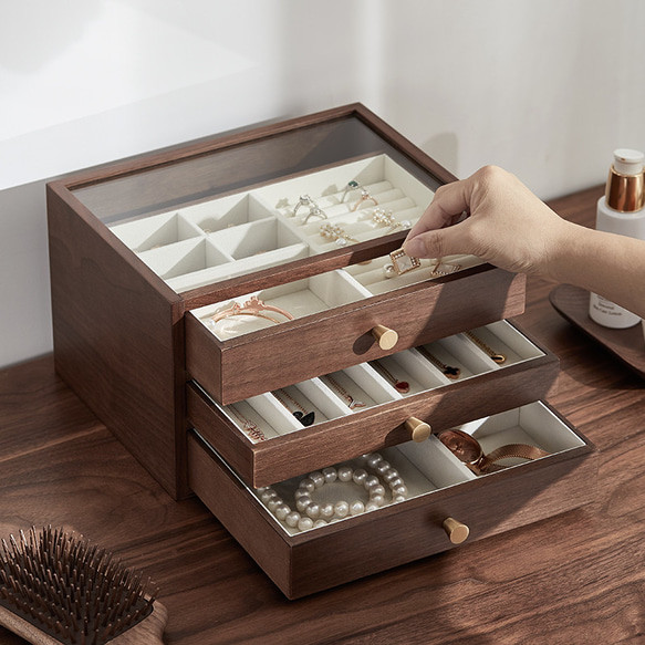 木製３段　可視化するのアクセサリーボックス　引き出し付きのジュエリー収納什器　女性好きな宝石箱　小物入れ 
