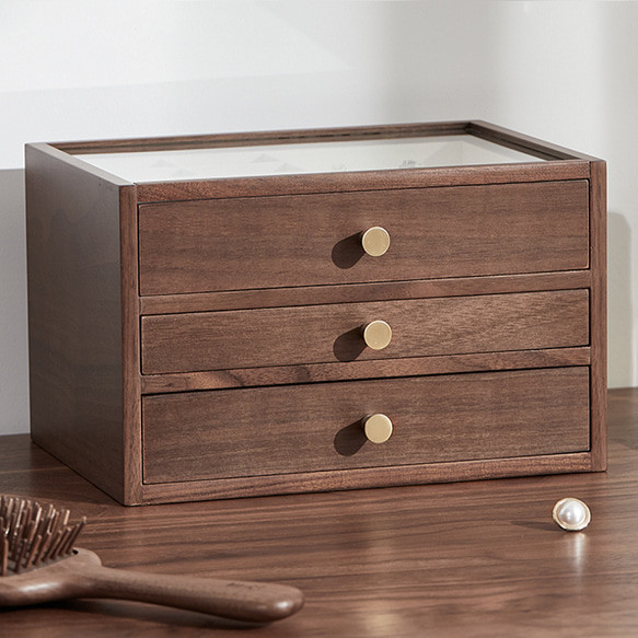 木製３段　可視化するのアクセサリーボックス　引き出し付きのジュエリー収納什器　女性好きな宝石箱　小物入れ 