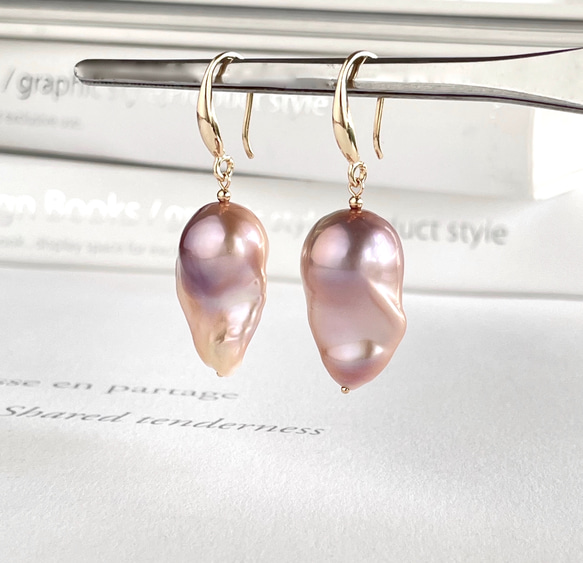 牡蠣珍珠紫粉色花蕾型耳環 (K14GF) 可換耳環 第2張的照片