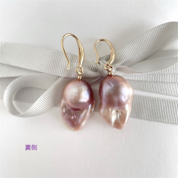 牡蠣珍珠紫粉色花蕾型耳環 (K14GF) 可換耳環 第7張的照片