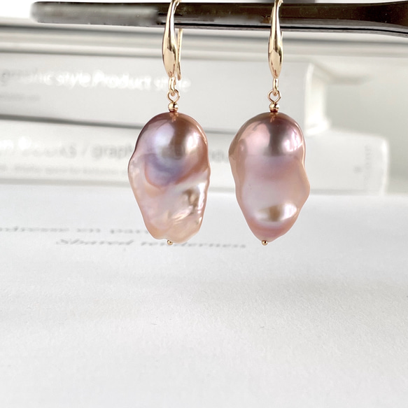 牡蠣珍珠紫粉色花蕾型耳環 (K14GF) 可換耳環 第10張的照片
