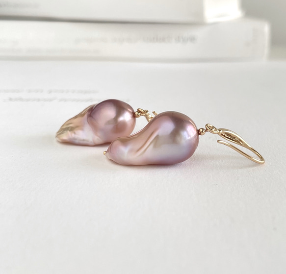 牡蠣珍珠紫粉色花蕾型耳環 (K14GF) 可換耳環 第6張的照片