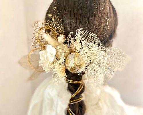 袴　髪飾付　150センチ 金箔＆水引付き 金のチュールと和玉の髪飾り／成人式 結婚式