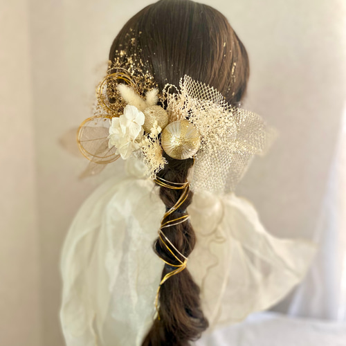 金箔＆水引付き 金のチュールと和玉の髪飾り／成人式 結婚式 卒業式