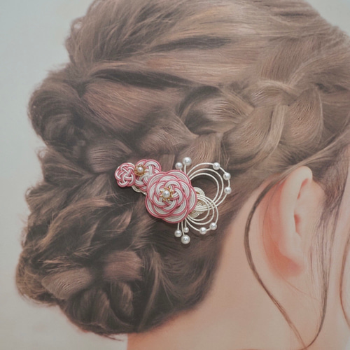 水引ヘアクリップ*梅結びと蝶*鴇色【受注製作】 ヘアクリップ