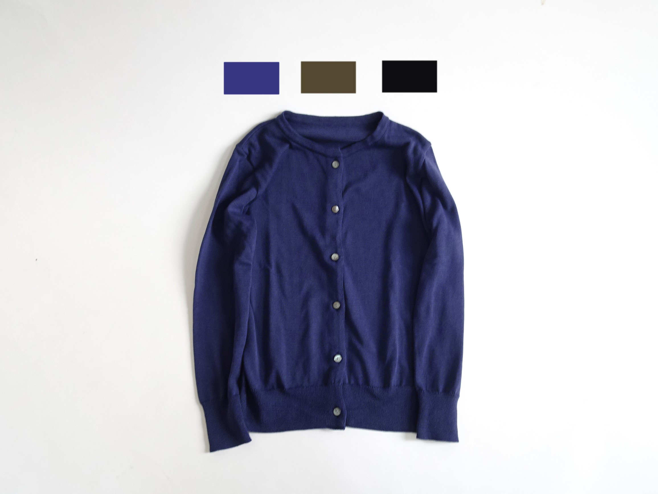 3カラー【ジャパンメイド】クルーネックカーディガン＜バイオレット、ブラウン、ブラック＞