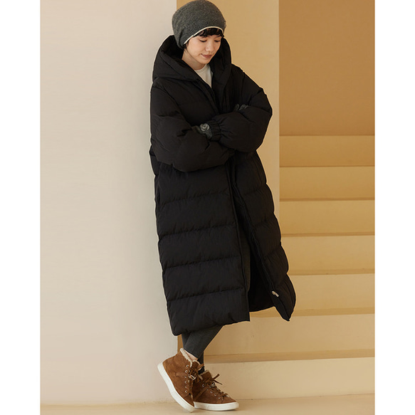 フード付きロングダウンコート　暖かいロングダウンコート　防風厚手コート　ブラック　フリーサイズ　#451 3枚目の画像