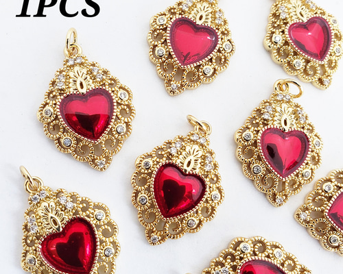 1個 ハート 透かし 18KGP 本金メッキ キュービックジルコニア パーツ