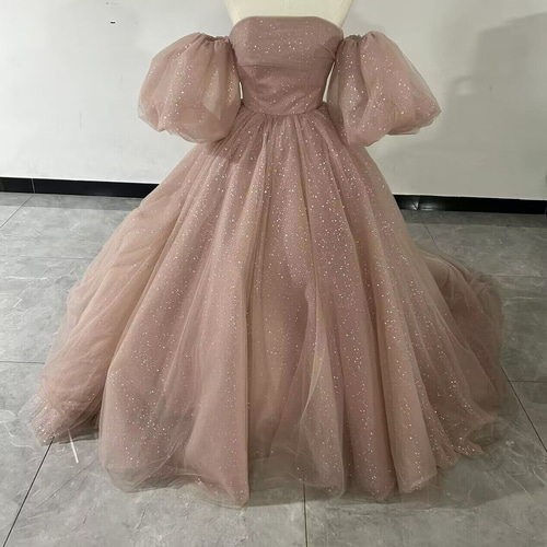 高品質！ピンク カラードレス キラキラチュール ベアトップ 取り外し袖  