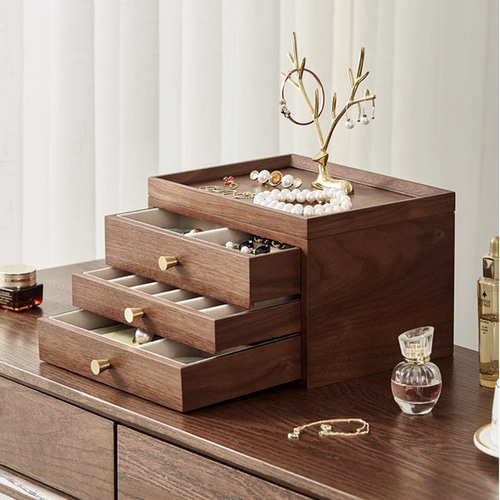 三段引き出し付 アクセサリーインテリアボックス 木製 大容量 間仕切り