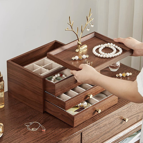 三段引き出し付 アクセサリーインテリアボックス 木製 大容量 間仕切り