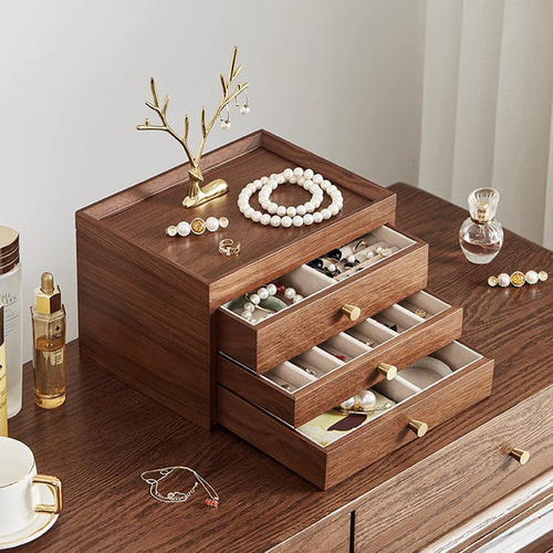 三段引き出し付 アクセサリーインテリアボックス 木製 大容量 間仕切り