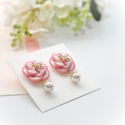 水引ピアスorイヤリング*揺れるパール*梅結び*二重の梅の花*鴇色【受注