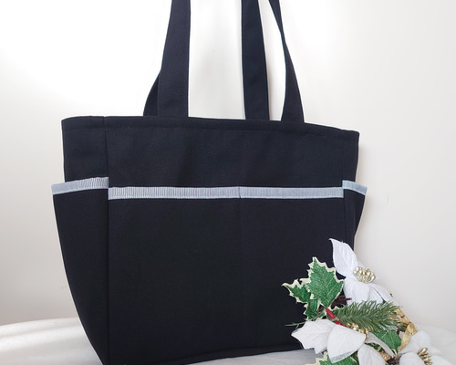 ꕤ受注製作ꕤ 黒帆布×ヒッコリーボーダー サイドポケット 肩掛け